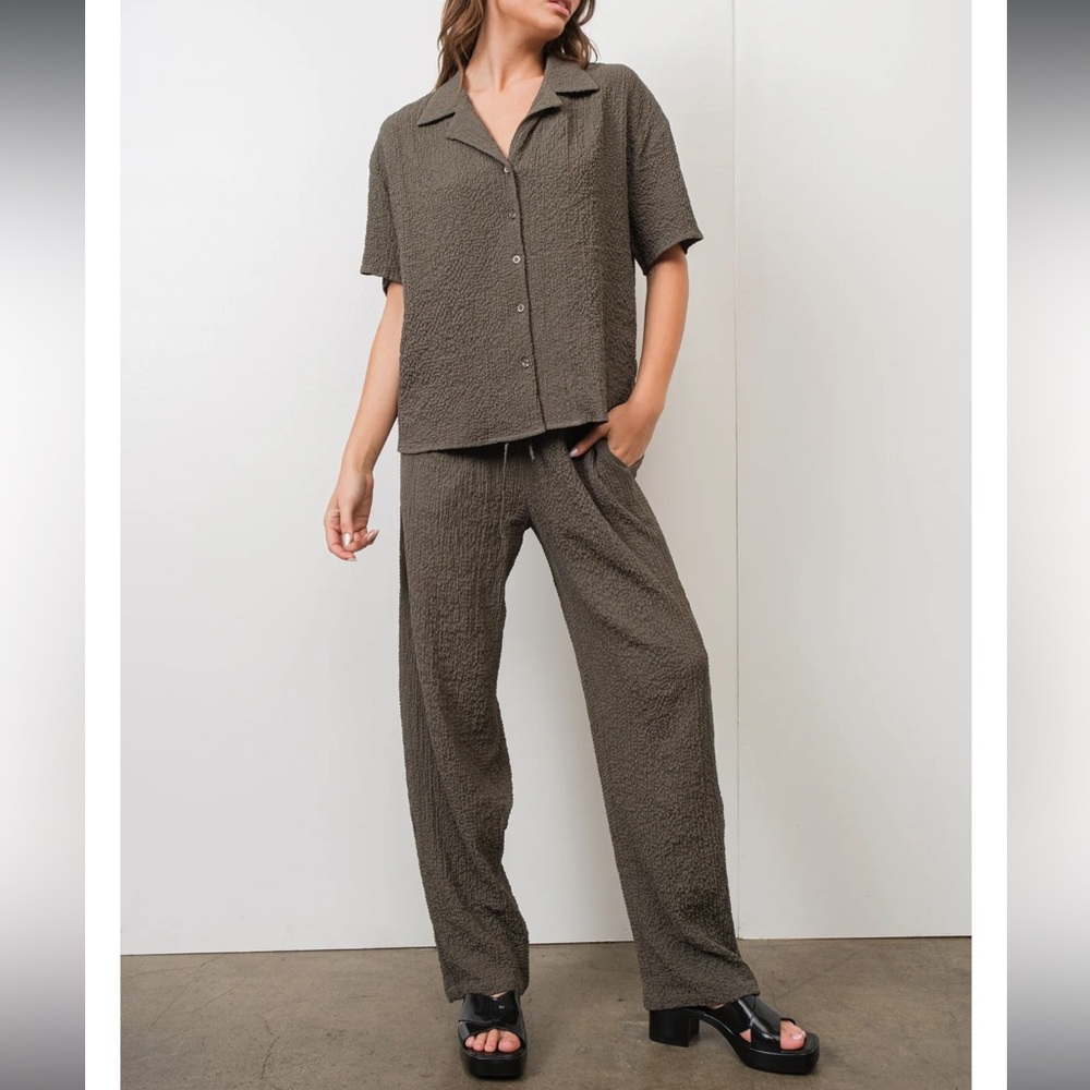 Pretty Garbage Textured Olive Green Shirt and Pants Set